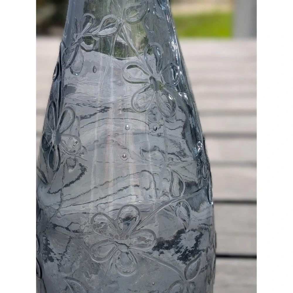 Vintage 90s Recycled Glass Tall Stem Vase Blue Green Seamed Daisy Pattern 16